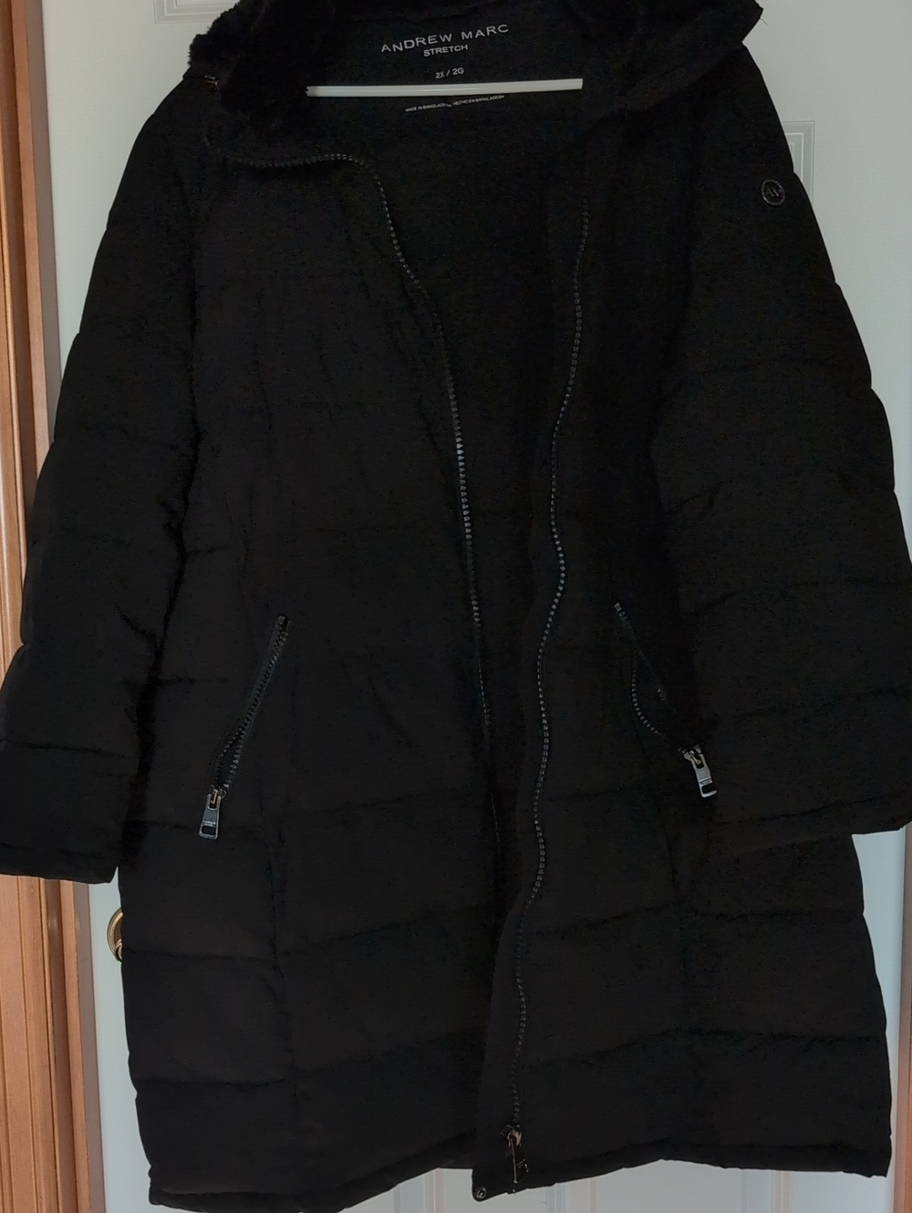 Andrew Marc Black Long Quilted Hooded Puffer